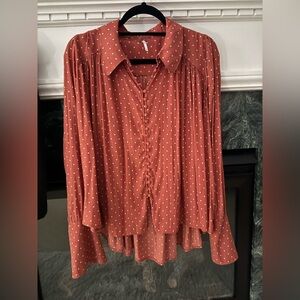 Free People Polka Dot Button-Up Collar Blouse - Rust Buttons Cuff Sleeves Med